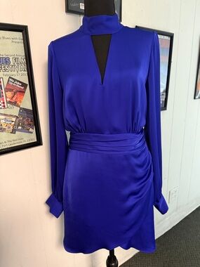 Chic Cobalt Long-Sleeve High-Neck Mini Dress